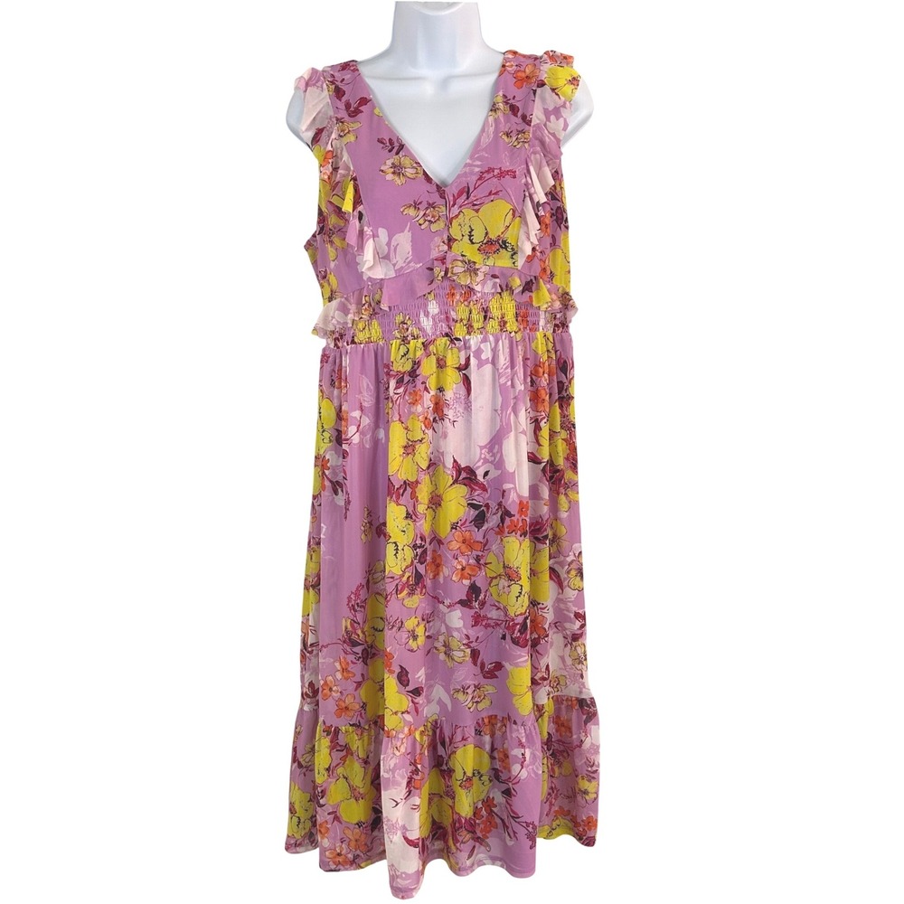 NWT Tinsel Petite Maxi Dress PL Pink Yellow Floral Smocked Ruffle V-Neck Flowy